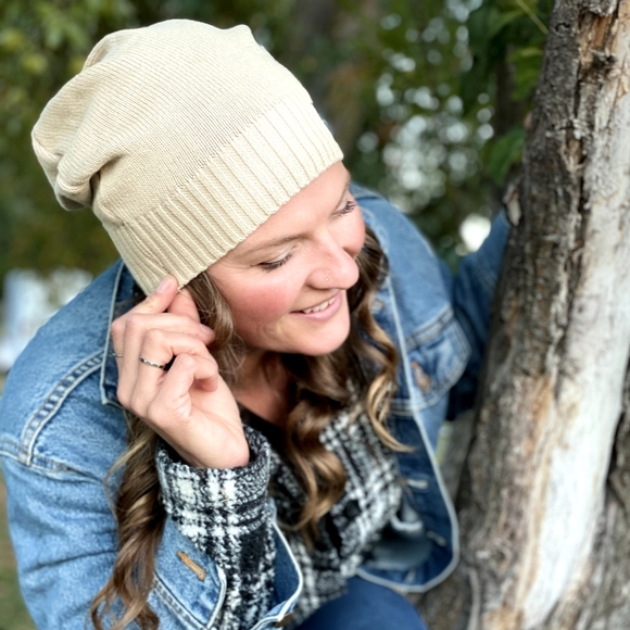 Tan JAXupcycled Slouchie beanie made with ♻️ sweaters. With pinch in the back. - Picture 3 of 3